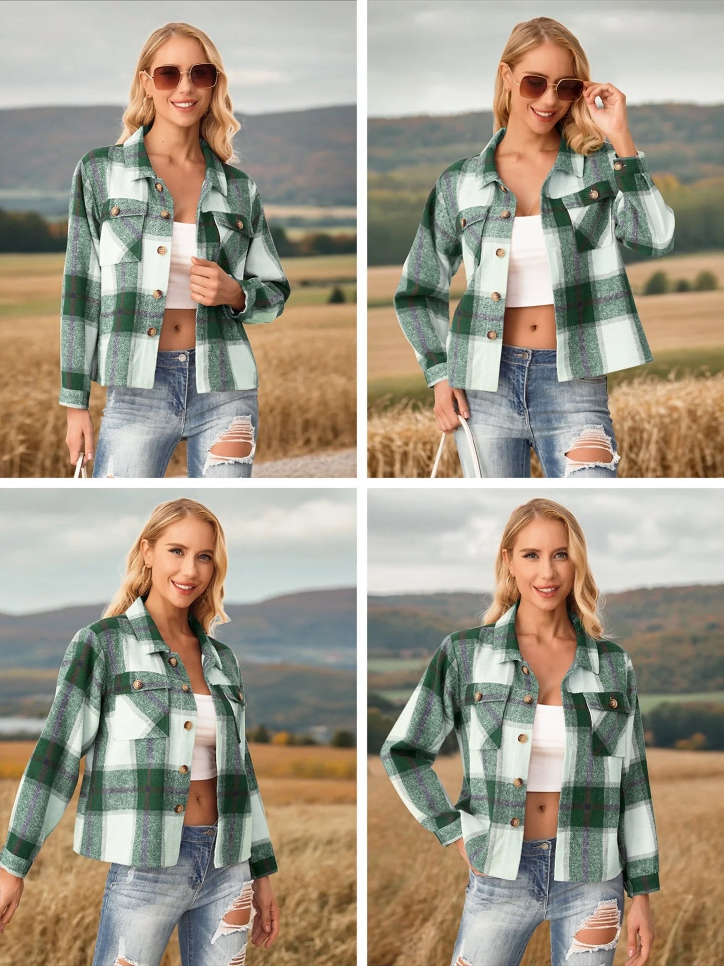 Women'S Cropped Plaid Shacket Jacket Fashion Casual Button down Lightweight Outwear Flannel Plaid Shirts Casual Jackets with Pockets