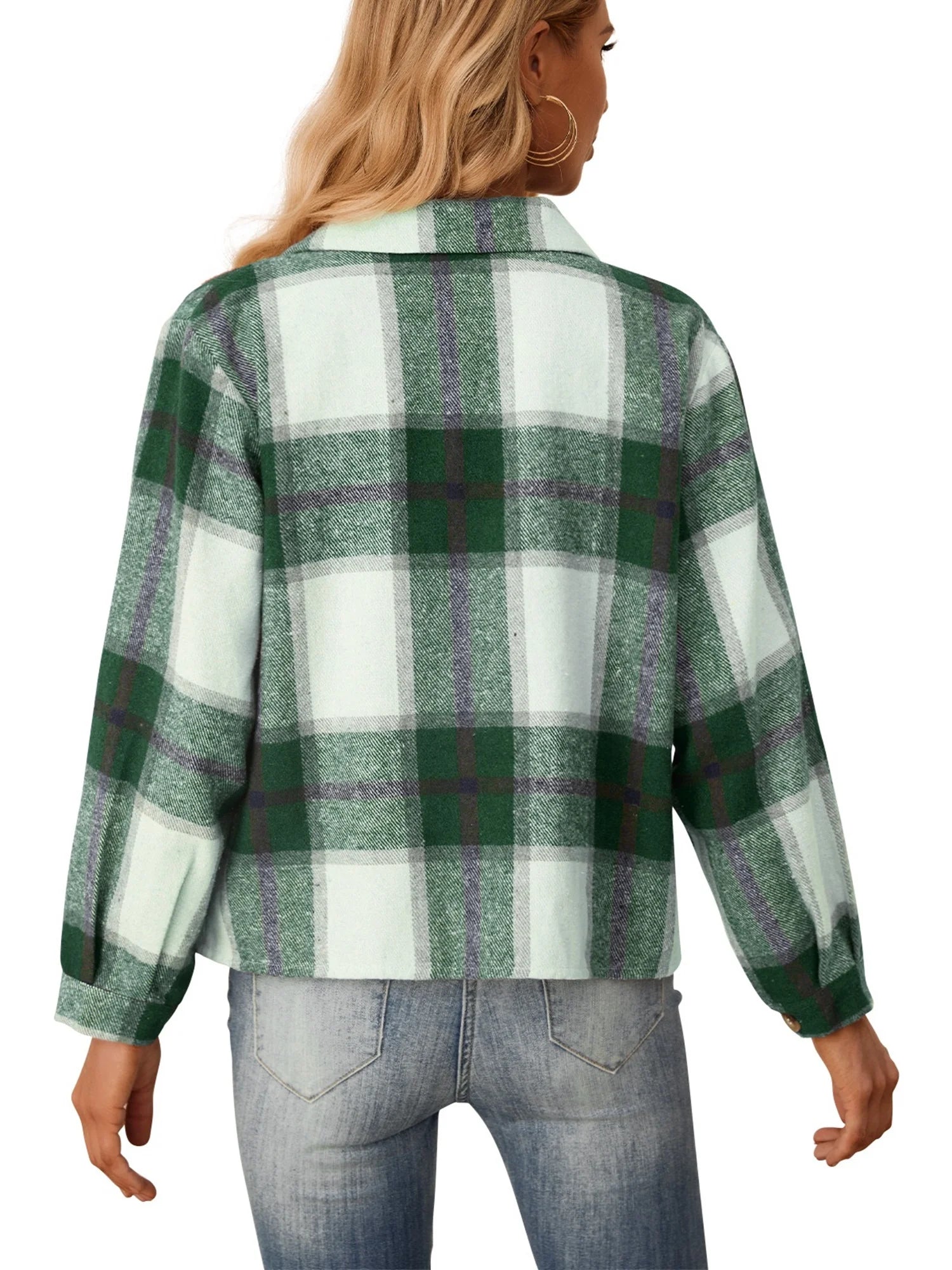 Women'S Cropped Plaid Shacket Jacket Fashion Casual Button down Lightweight Outwear Flannel Plaid Shirts Casual Jackets with Pockets