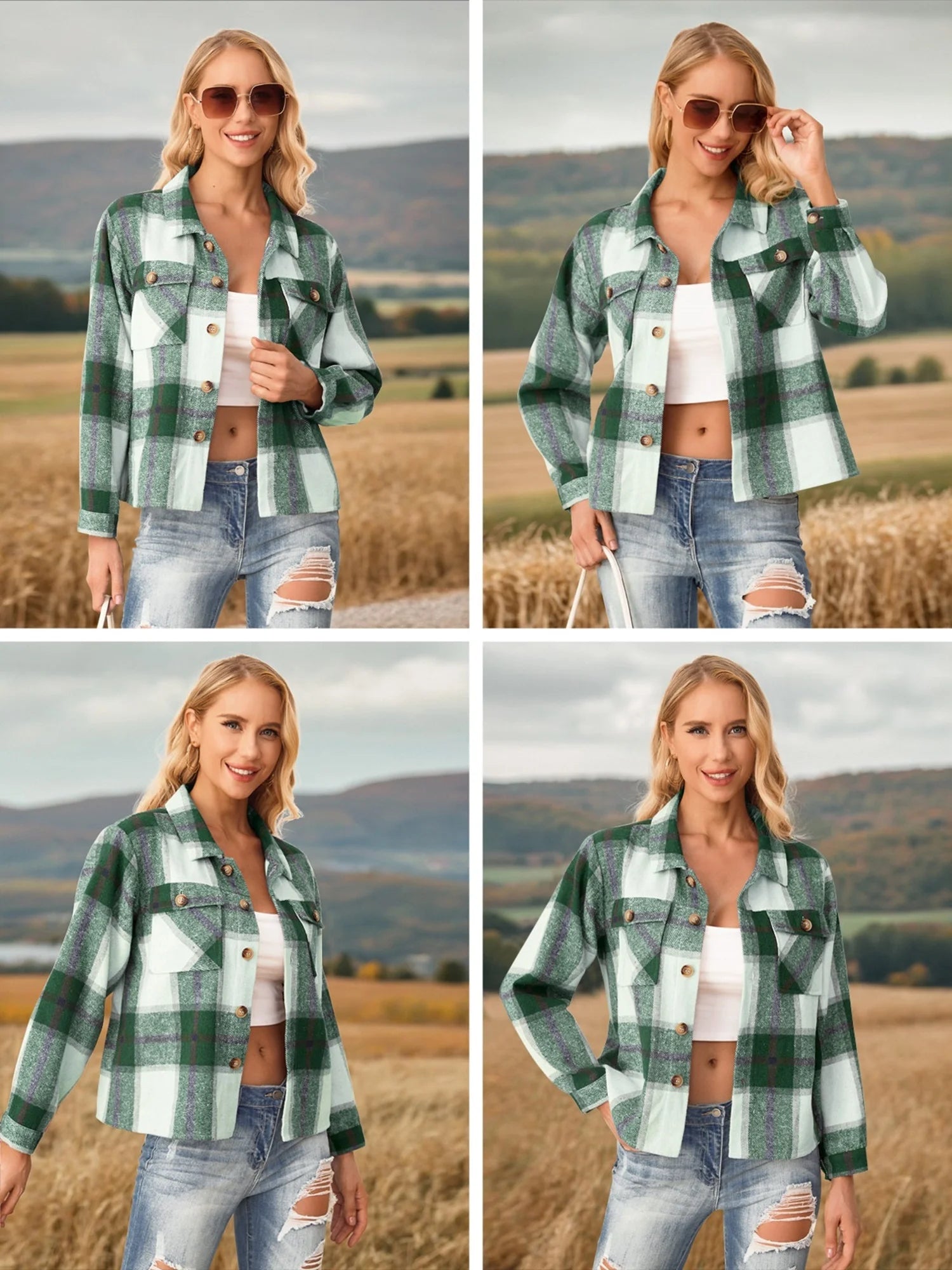Women'S Cropped Plaid Shacket Jacket Fashion Casual Button down Lightweight Outwear Flannel Plaid Shirts Casual Jackets with Pockets