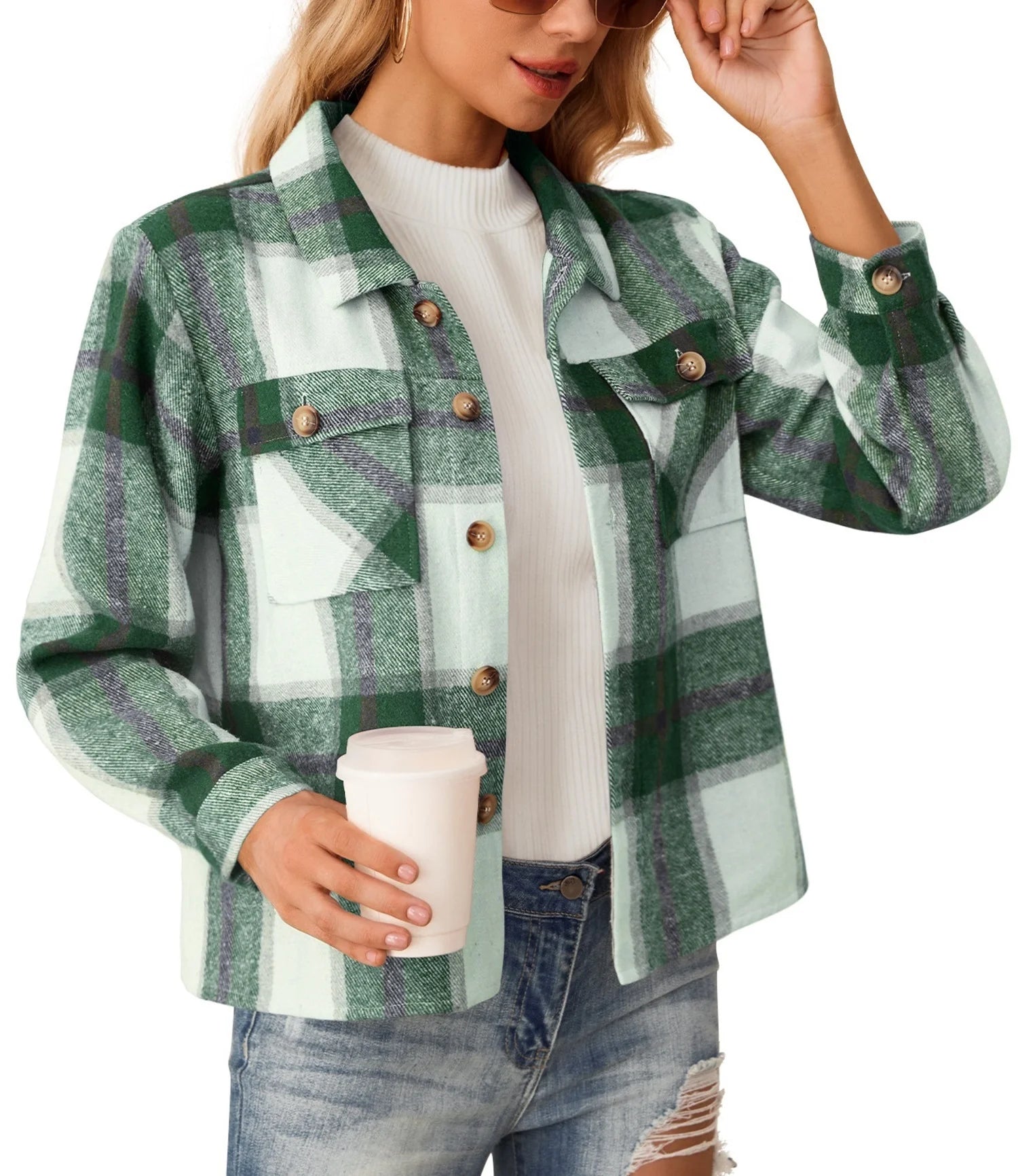 Women'S Cropped Plaid Shacket Jacket Fashion Casual Button down Lightweight Outwear Flannel Plaid Shirts Casual Jackets with Pockets