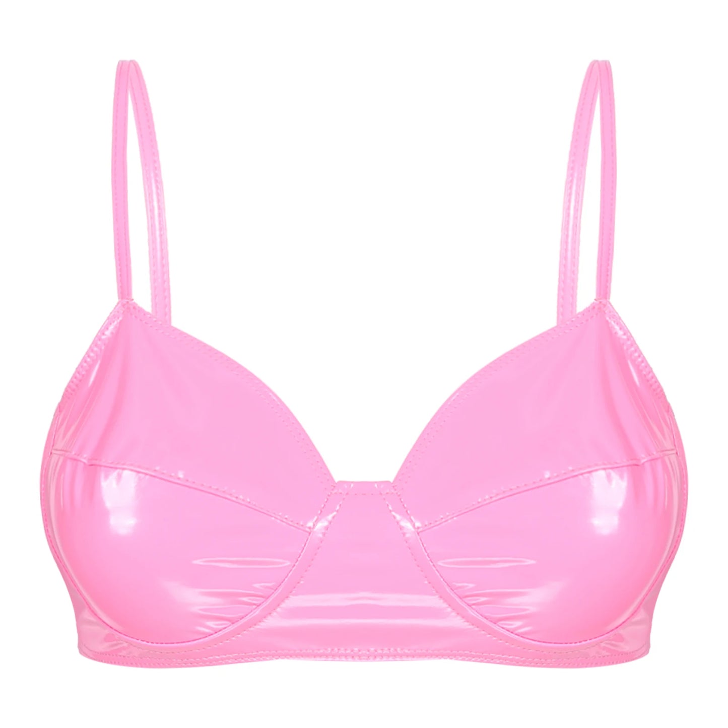 Womens Sexy Lingerie Shiny Wetlook Leather Harness Bra Fashion Black Wire-Free No Pad Bra Top Erotic Lingerie Underwear Clubwear