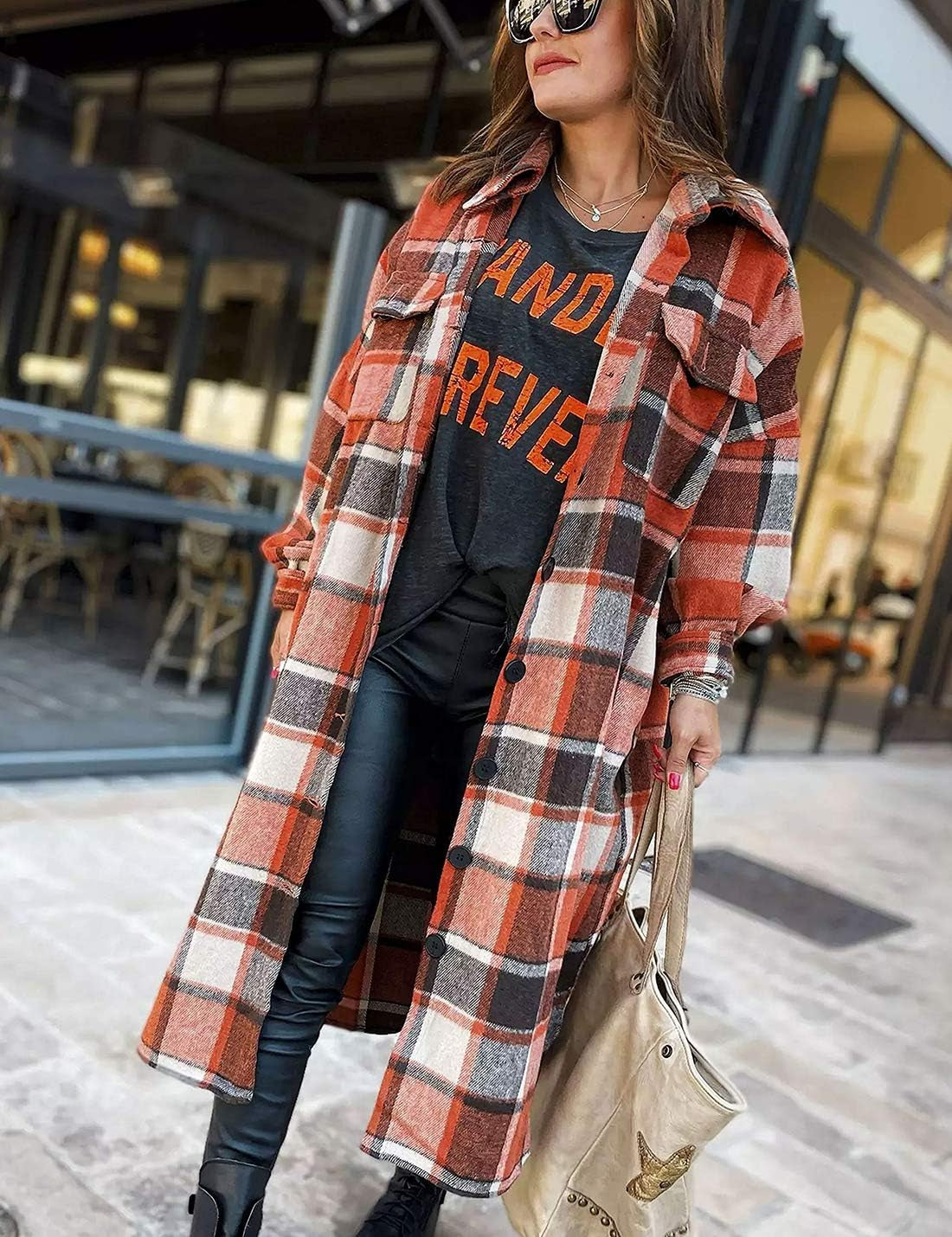 Women'S Lounge Lapel Button up Long Sleeve Plaid Long Shirt Jacket Shacket